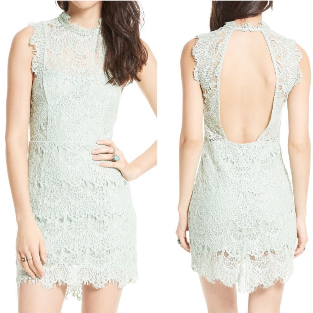 Free People Lace Open Back Seafoam Scallop Hem Dress NWT